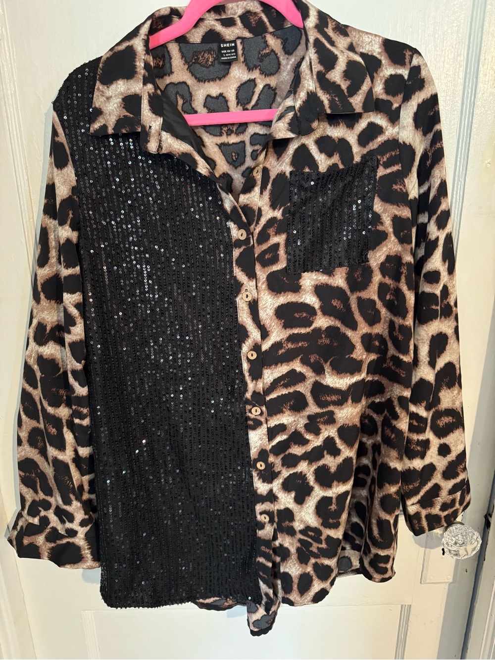 SHEIN Leopard Print Button-Up Shirt with Black Spots and Brown Base